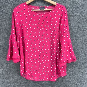 Van Heusen Blouse Women S Small Pink Polka Dot 3/4 Sleeve Round Neck Casual